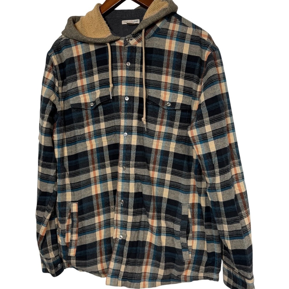 Carbon2Cobalt Men's L Plaid Hooded Flannel Shacket Snap Front 4 Pocket